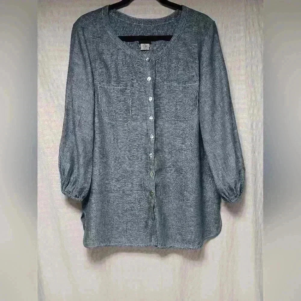 Spiegel 3/4 sleeve button down Blue 💯  Linen Top. Ladies size 14